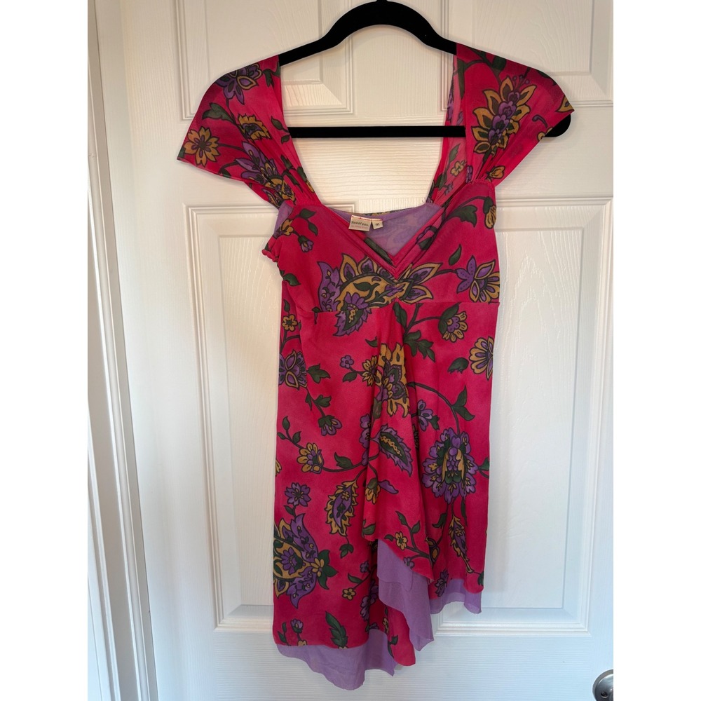 Sweet Pea by Stacy Frati Pink Floral Mesh Tunic Top Y2K Asymmetrical Hem Medium